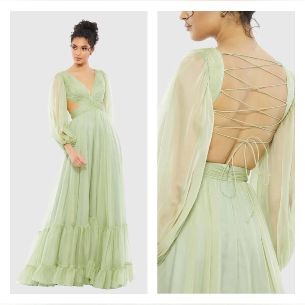 Mac Duggal 67948 Pleated Cut Out Long Sleeve Lace Up Tiered Gown